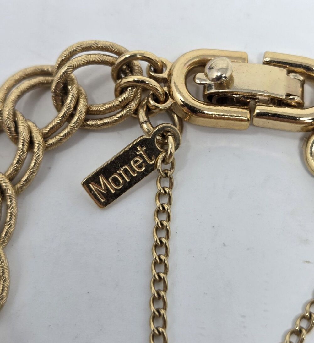 Monet Vintage Gold Tone Double Link Textured Chain Bracelet Safety Chain 7" - Picture 2 of 7